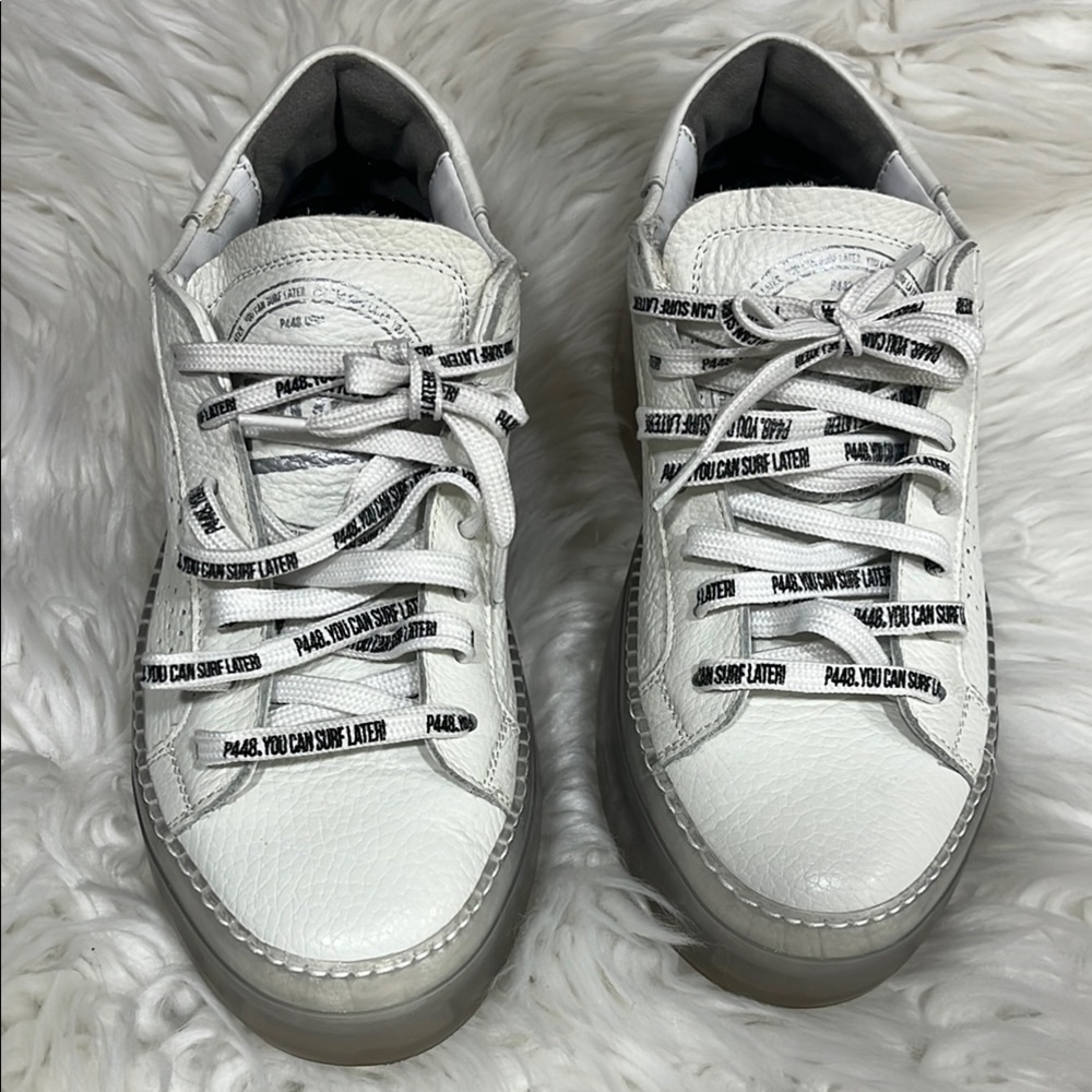 White Sneakers with Text Laces